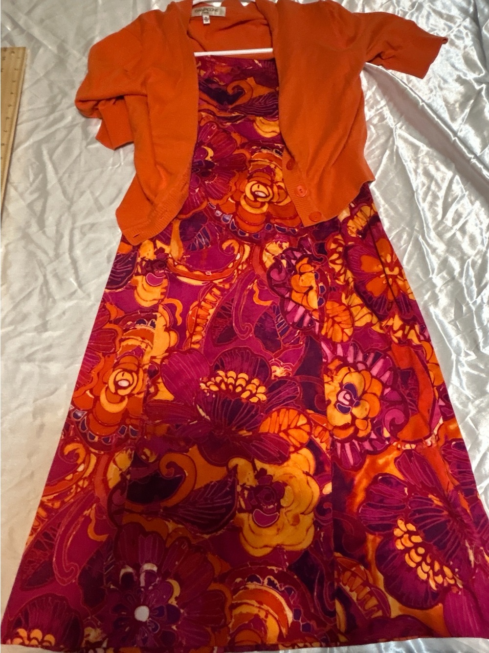 Evan Picone Fuchsia & Orange Floral Dress with Orange Cardigan